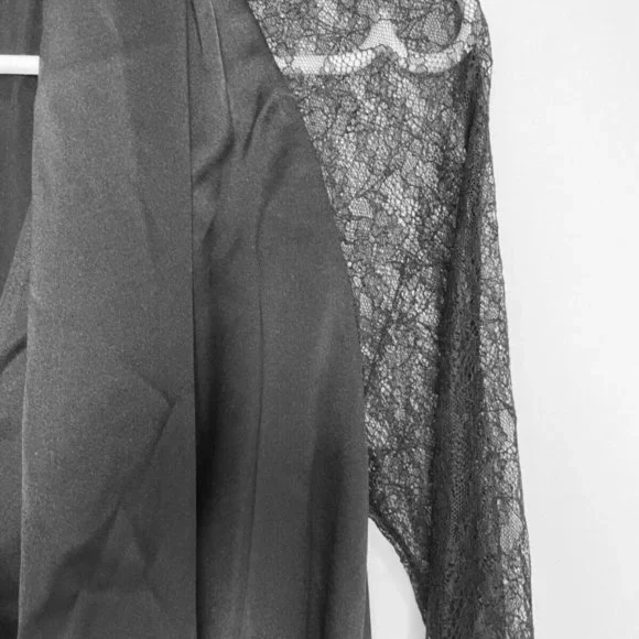 Jonathan Simkhai Satin Tie Neck Chantilly Lace Sleeve Wrap Black Blouse XS - Picture 8 of 12